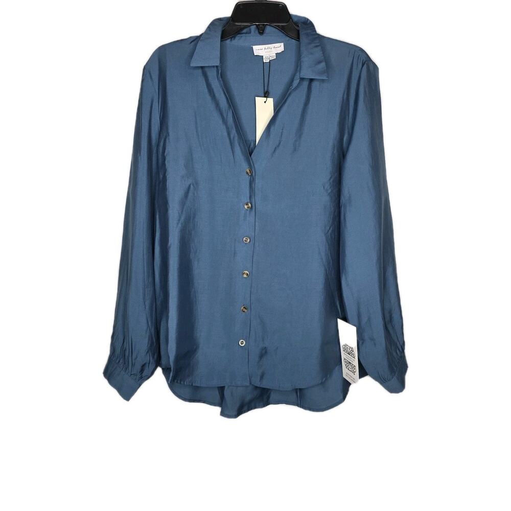 Never Fully Dressed Miley Button Down Shirt Tunic Top Hi Low Blue US Size 12 NWT